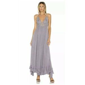 Free People Women's Adella Lace-Trim Strappy‎ Maxi Slip Dress Slate SZ XS